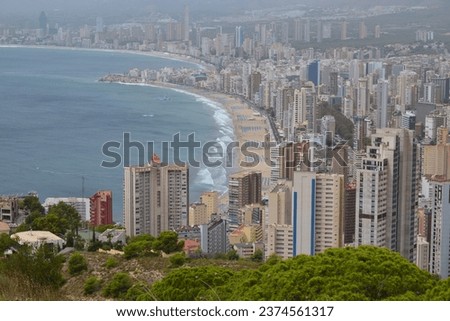 This is a picture of the Levante beach in Benidorm. The photo is taken from the top of the viewpoint of the cross.
