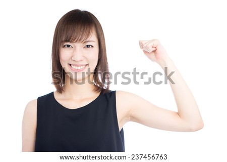 happy young woman in black dress, isolated on white background