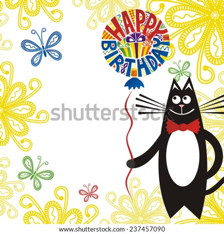 Happy birthday greeting card cat with balloon illustration