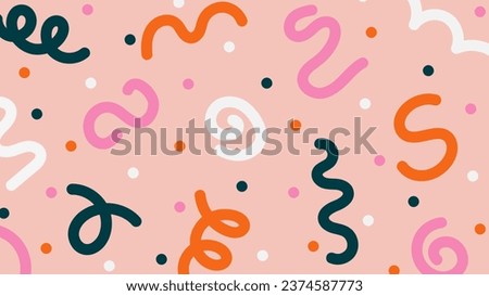 Abstract doodle design with hand drawn colorful shapes, lines. Simple childish scribble background with bright cute elements. Contemporary trendy vector backdrop. Fun minimal pattern in girly colors
