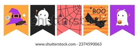 Cute ghost halloween bunting design. Set of spooky decoration flags. Magic party event print. Cartoon ghost monsters sticker collection. Vector. Royalty-Free Stock Photo #2374590063