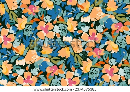 Seamless pattern with bright flowers drawn by paint. hand drawn, not AI