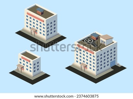 Set of three isometric multi-storey building, vector illustration.