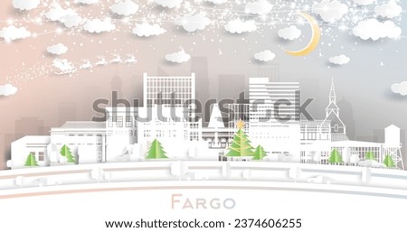 Fargo North Dakota USA. Winter City Skyline in Paper Cut Style with Snowflakes, Moon and Neon Garland. Christmas, New Year Concept. Santa Claus on Sleigh. Fargo Cityscape with Landmarks.
