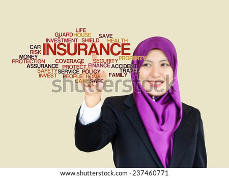 Executive Woman press virtual Screen-"Insurance word cloud arrangement"