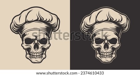 Set of vintage skull cook chef in hat uniform. Can be used for restaurant food menu emblem logo. Graphic Art. Vector. Hand drawn element in engraving style.