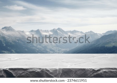 Mountain empty granite podium. Blank stone table top background for presentation products. Gray rock pedestal, horizontal banner. Mountains scene