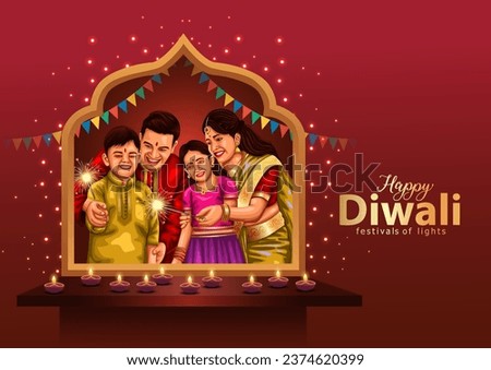 Indian festival of lights Happy Diwali with happy family, holiday Background, Diwali celebration greeting card, vector illustration design.	 Royalty-Free Stock Photo #2374620399