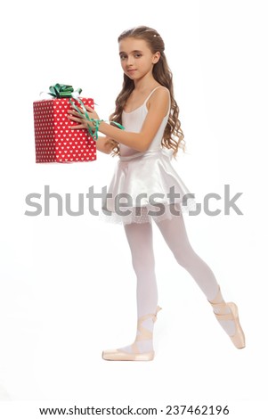 beautiful teen girl in white clothes  ballet pose with long hair isolated on white background