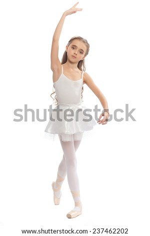 beautiful teen girl in white clothes  ballet pose with long hair isolated on white background