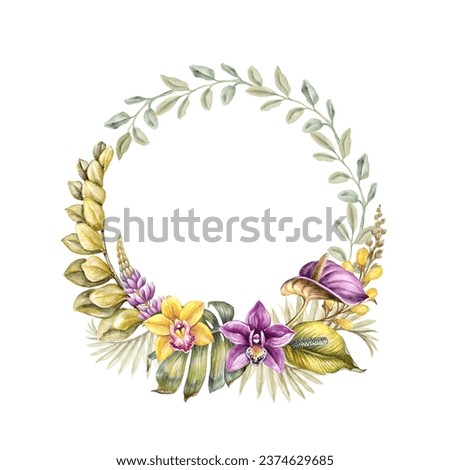watercolor botanical illustration. Elegant Bohemian wreath. Paradise wildflowers. Floral arrangement, tropical flowers and palm leaves. Blank round frame clip art isolated on white background