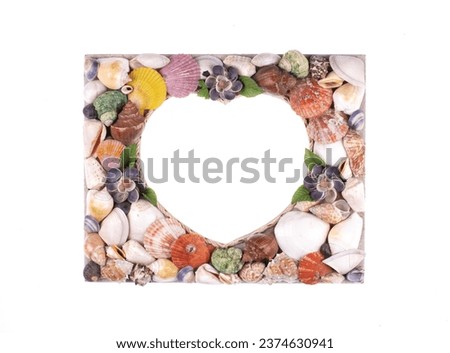 picture frame with seashells isolated on white background