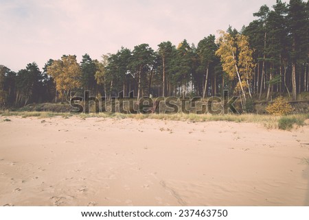 Shoreline of Baltic sea beach with rocks and sand dunes under clouds - retro, vintage style look