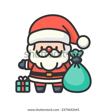 Santa Claus character with bag and presents on white background. Merry Christmas and Happy New Year symbol. Winter holidays, xmas, . Outline flat and colored style vector illustration.