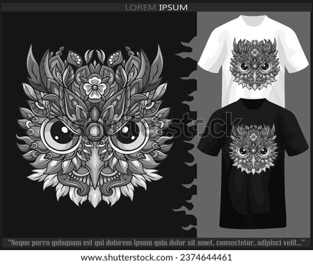 Monochrome Owl head mandala arts isolated on black and white t shirt.