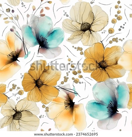 Seamless floral pattern with flower garden background in blue, yellow and brown colors Royalty-Free Stock Photo #2374652695