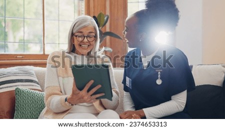 Senior, woman and caregiver with tablet for consulting, medical information and health communication on sofa. Elderly, professional and nurse with touchscreen for online report, advisory and results