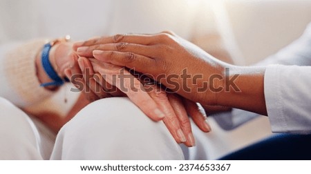 Senior patient, holding hands or consulting a nurse for support or empathy for healthcare help. Closeup, psychology or elderly person in counselling with calm caregiver in nursing home for therapy Royalty-Free Stock Photo #2374653367
