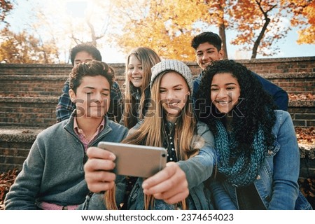 Selfie, holiday or friends in park for social media, online post or profile picture in autumn or nature. Smile, boys or happy gen z girl students taking photograph on fun vacation to relax together