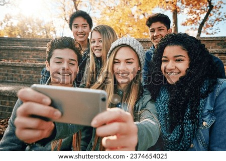 Selfie, youth or friends in park for social media, online post or profile picture in autumn or nature. Smile, teenage group of boys or happy gen z girls for fun holiday vacation photograph together