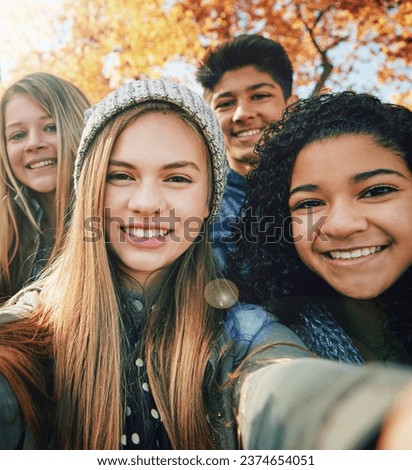 Selfie, nature or portrait of teenage friends in park for social media, online post or profile picture. Boy, youth or happy gen z girls with smile for photo or fun holiday vacation to relax together