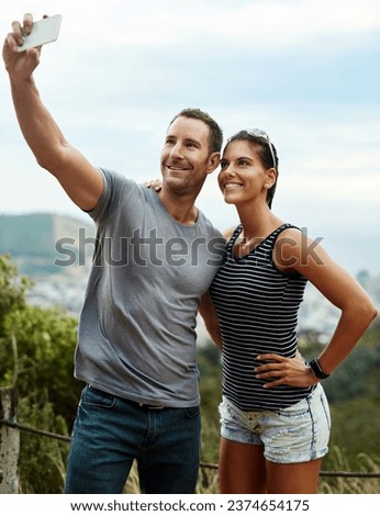 Smile, selfie and couple in nature outdoor for freedom on summer vacation together. Happy man, woman and picture in countryside for connection, memory of love and healthy relationship on adventure