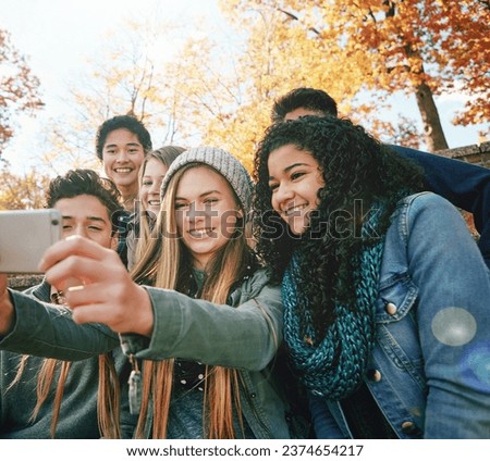 Selfie, young or friends in park for social media, online post or profile picture in nature. Smile, teenage group of boys or happy gen z girls taking photograph on fun holiday vacation together
