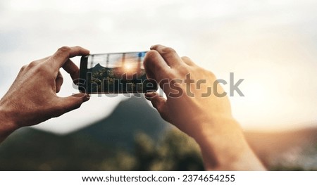 Sunset, photography and hands of person with phone, screen or post on social media with nature, landscape or sun. Cellphone, photo or man with tech for memory of vacation, holiday or view of mountain