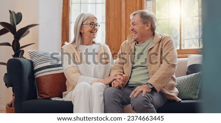 Love, relax and senior couple laughing at funny joke, enjoy quality time together and bond on home living room sofa. Retirement, smile and elderly man, woman or people happy Royalty-Free Stock Photo #2374663445