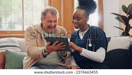 Senior, man and nurse with tablet for consulting, medical information and communication with laughing. Elderly, professional and caregiver with touchscreen for online report, advisory and results or