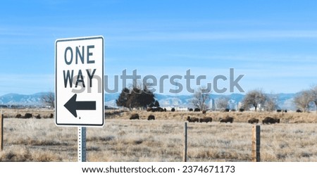 A one way sign in front of a herd of bison