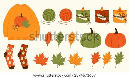  Autumn set, fall clip art. Design elements collection with leaf, pumpkins, candel and others. Pack of cute autumn stickers. Vector illustration. Modern illustrations in flat minimal style.