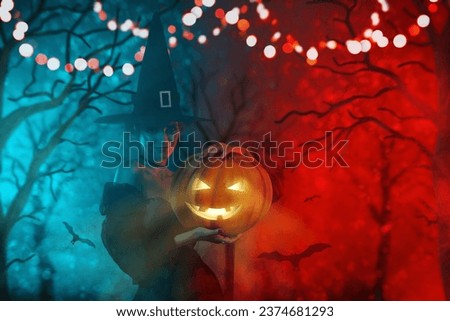 Picture magazine collage of mysterious wizard lady holding magic pumpkin jack lantern on dark carnival woods