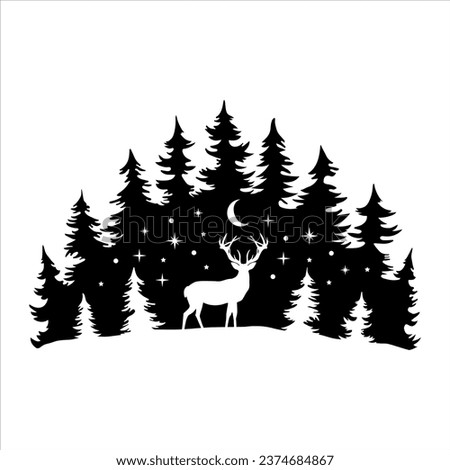 Deer in the Snowy Forest, Christmas Scene, Hand Drawn Vector Illustration 