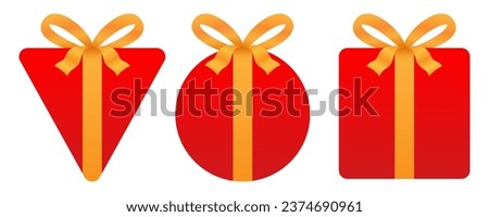 Vector set of triangle, circle and square shape red gift boxes with golden ribbons isolated on a white background.