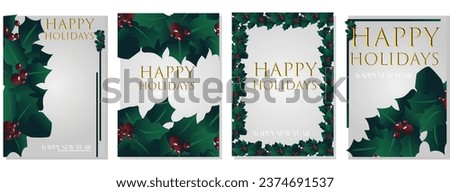 Winter Foliage Holiday cards. Universal Christmas templates with decorative Christmas Tree, reindeer, floral background and frame 