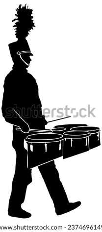 Marching Band drummer playing multi tenor marching drums, in black silhouette, isolated 