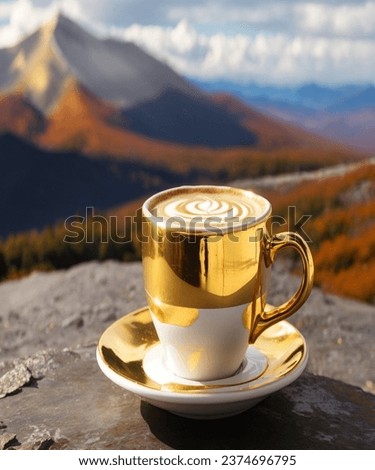 A picture of a coffee cup made of gold containing cappuccino covered with gold foil on the highest peak in New York.