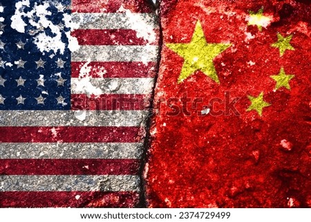 CHINA vs US background concept, Flags of usa or United States of America and China on old cracked concrete background
