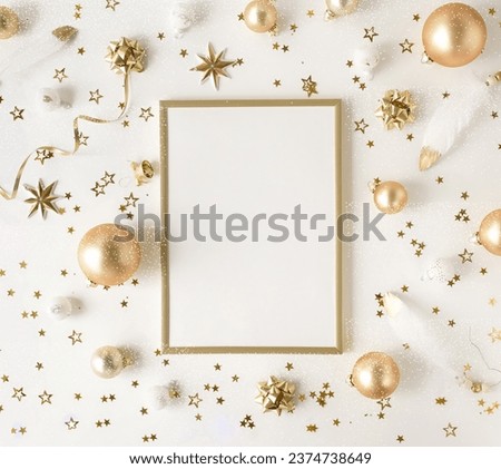 Gold frame mockup with copy space top view and Xmas decoration in gold white colors on white background isolated. Christmas background