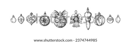 Set of Happy new year and Merry Christmas balls isolated on white background in sketch style. Handdrawn Christmas tree decoration. Vintage toys, glass baubles, angel figure