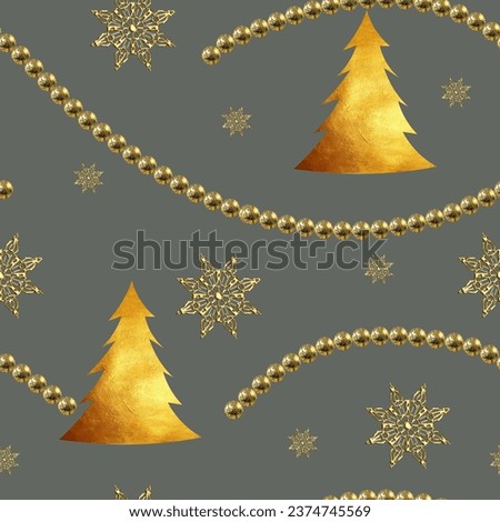 Seamless pattern on the theme of the new year and Christmas with snowflakes, balls, Christmas tree, golden color