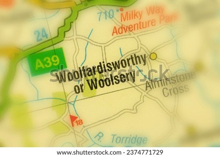 Woolfardisworthy or Woolsery, Devon, England, United Kingdom atlas map town name tilt-shift