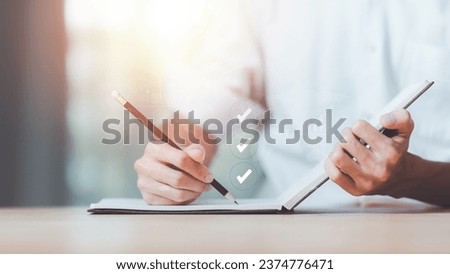 Checklist with checkmarks and checkboxes ,answering questionnaires ,online quality assessment ,checkbox to conduct opinion and quality surveys or satisfaction ,quality inspection ,Measurement Royalty-Free Stock Photo #2374776471