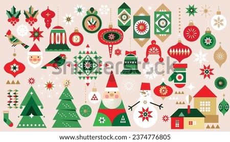 Merry Christmas and Happy New Year 2024  holiday   set icons  for design banner, poster, card, cover  Gifts, Santa, ball toy, christmas tree, snowflake   Modern Xmas flat cartoon  vector illustration