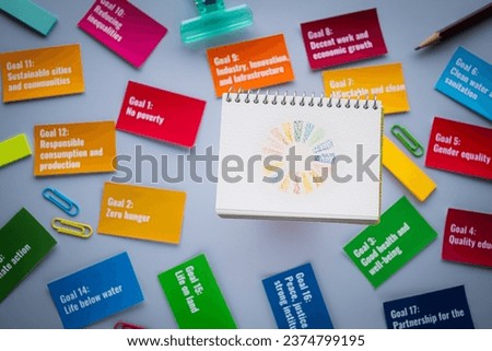 There is a sketchbook with the SDG symbols and a card with the 17 goals. Royalty-Free Stock Photo #2374799195