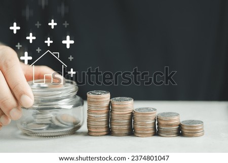 Arrow up and home icon with step stack of coin like a graph. Concepts of home interest, real estate, investing in inflation home loan interest rate hike.