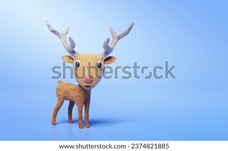3d deer from plasticine isolated on blue background. doe, fawn clay toy icon concept, 3d illustration render, clipping path