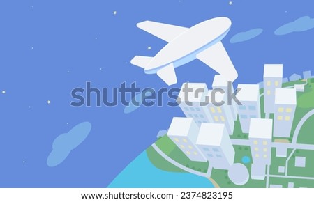 Clip art of airplane flying over the city at night
