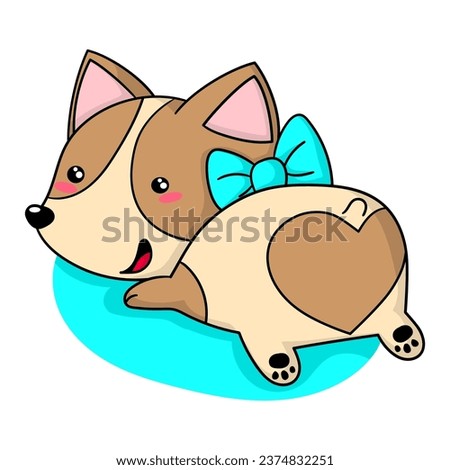 Illustration of a corgi dog lying on the ground showing its heart shaped butt and wearing a blue bow on its neck, print design
